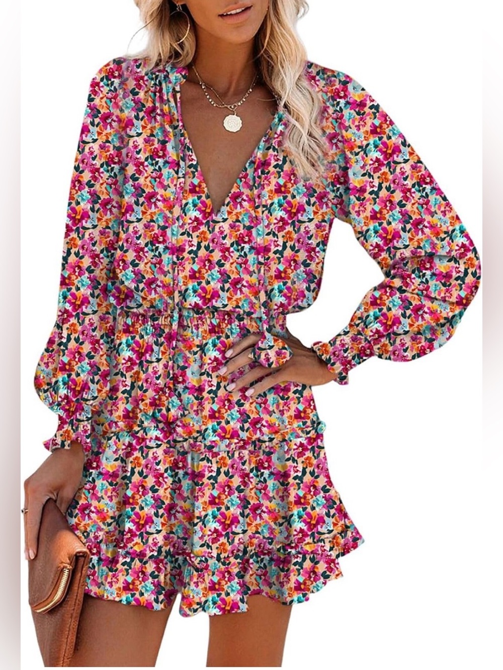 Floral Tie-Front V-Neck Mini Dress in Pink Multi